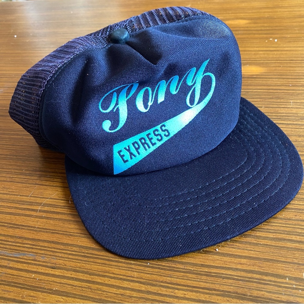 Vintage 70s/80s New Era Navy Blue Pony Express USA Trucker Mesh Snapback Hat Cap